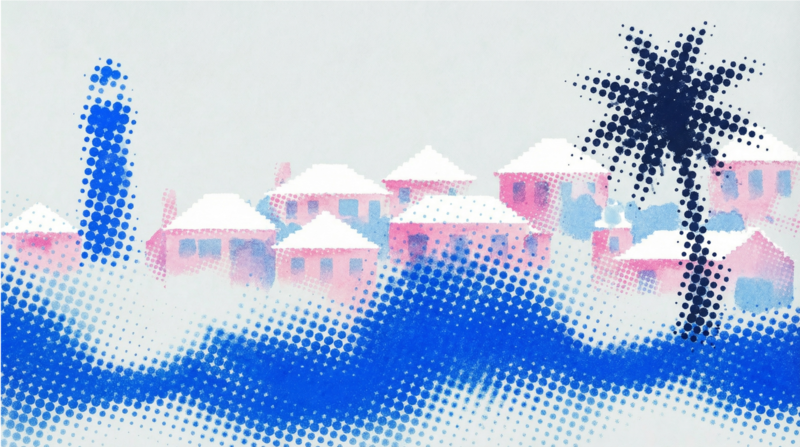 Hamilton, Bermuda waterfront halftone illustration